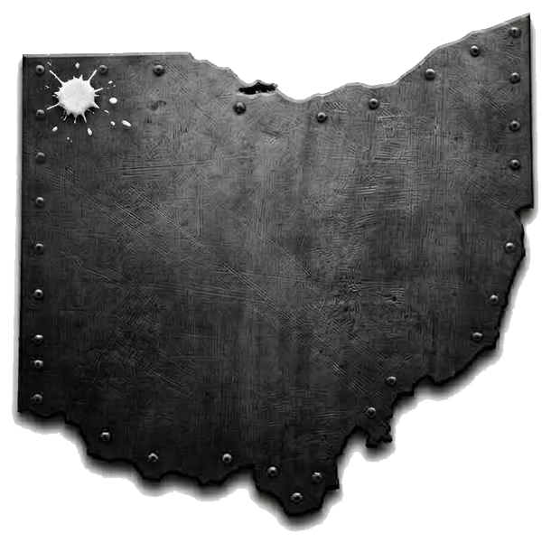 Steel-textured Ohio map with a paint-splatter marker showing Pioneer in the northwest corner